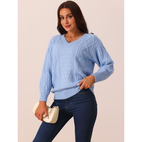 V Neck Long Sleeve Casual Loose Chunky Warm Pullover Sweater Top Blue - Picture 2 of 5